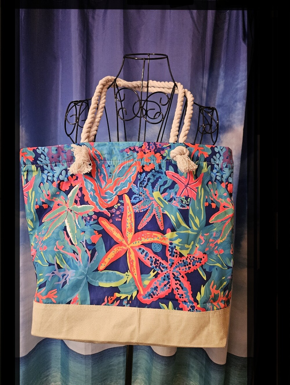 Tropical Starfish Print Rope-Handle Tote Bag - Navy & Multicolor - Picture 7 of 9